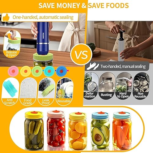 Miniatura 4 de HSLGOVE Sellador al vacío, sellador al vacío para alimentos, kit de sellador al vacío de tarros Mason 18 en 1 (1 sellador al vacío de mano + 10