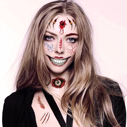 Miniatura 2 de 10 tatuajes temporales de maquillaje de broma de Halloween 2023 nuevos adultos niños payaso de terror tatuajes falsos calcomanías de tatuaje de cara