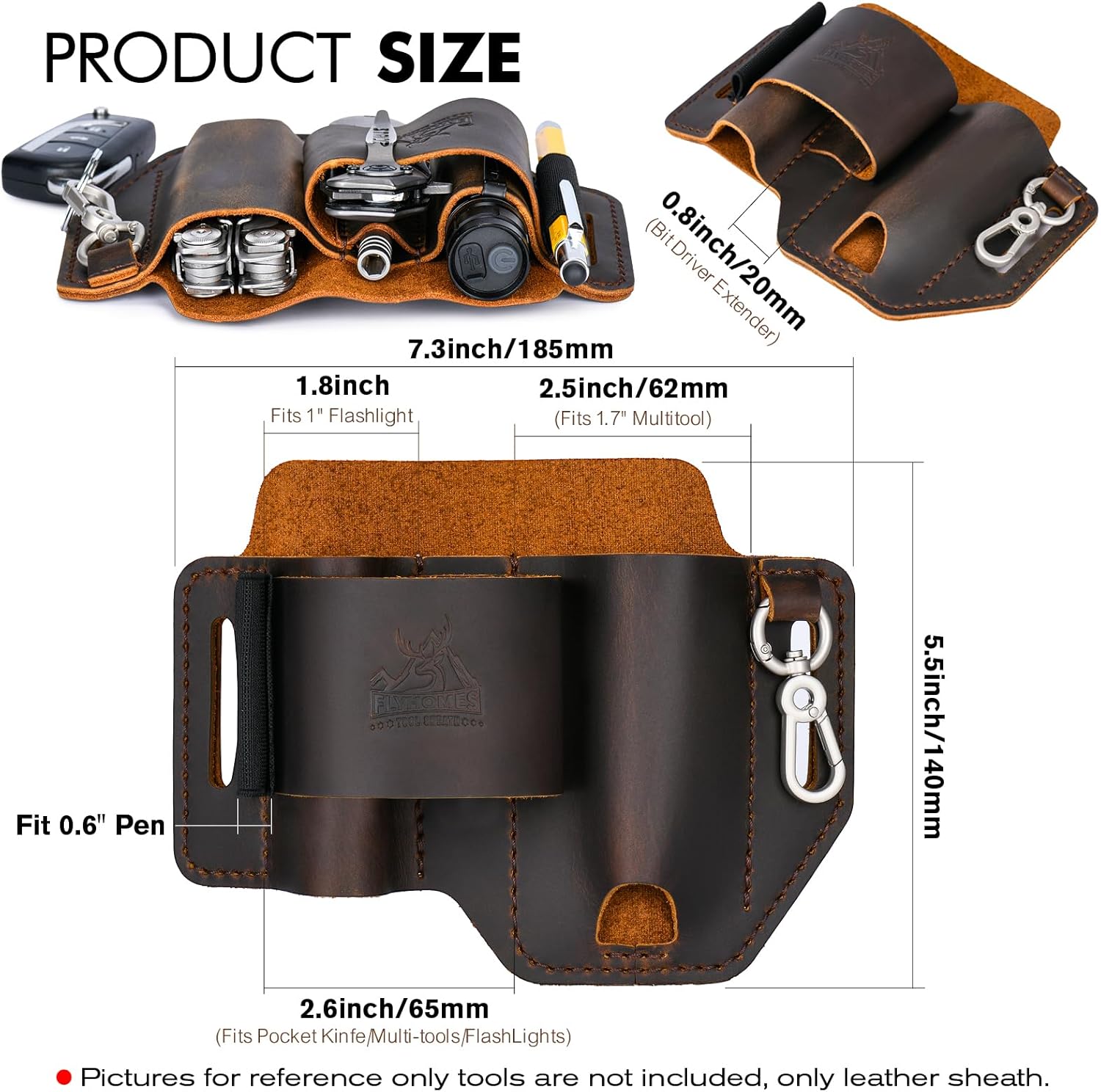 FLYHOMES Heavy-Duty Genuine Leather Multitool Sheath | Handmade Stitched Belt Organizer for Leatherman Surge | Holds Bit Driver Extender | Flashlight Holster, Pen & EDC Pouch | Dark Brown - Image 4