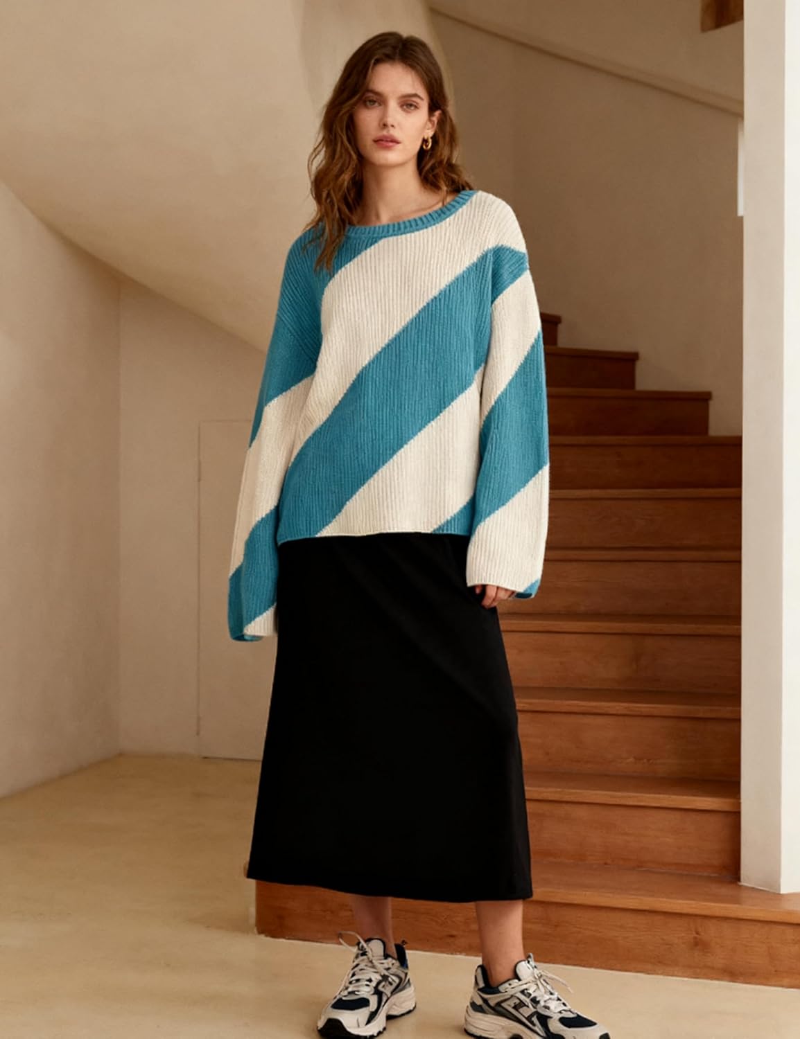 Tanming Womens Wide Striped Sweater Oversized Color Block Crew Neck Loose Sleeves Fall Knit Pullover Tops - Image 4