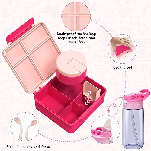 Miniatura 3 de Lonchera Bento para niños con 4 compartimentos, bolsa de almuerzo aislada, botella de agua, tarro de comida de acero inoxidable, regalos de