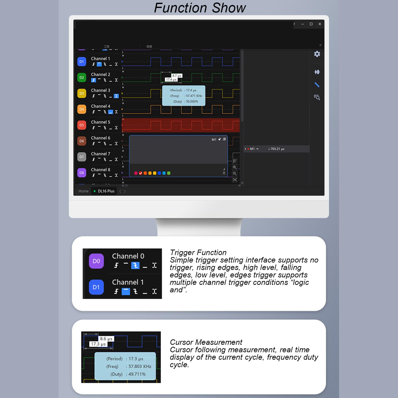 Eujgoov 16 Channel Logic Analyzer 16ch USB Logic Analyzer Device 1GHz Abtastrate 16G Streaming -Tiefe mit EMI Ferrit