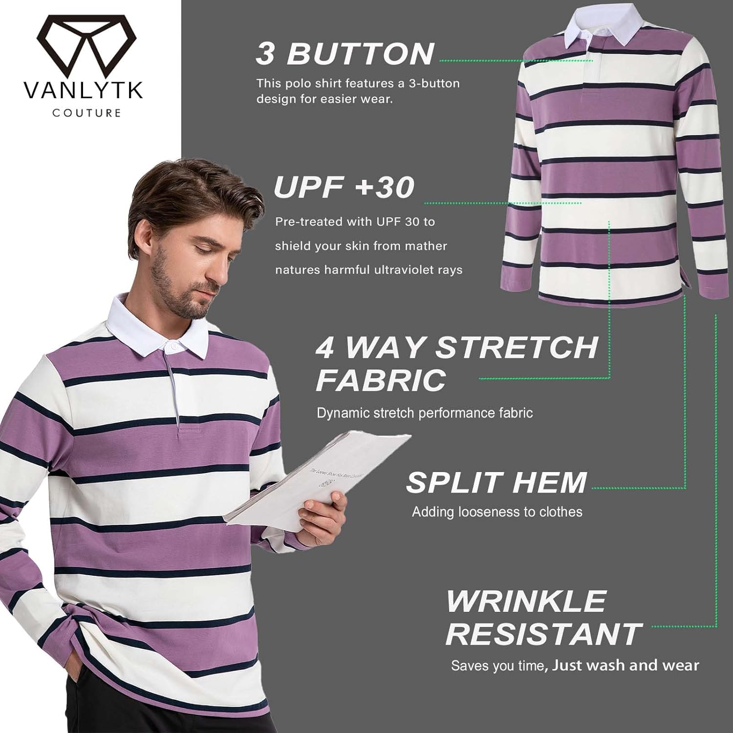 Mens Polo Shirts Striped Cotton Moisture Wicking Classic Collared Casual Golf Shirts for Men - Image 4