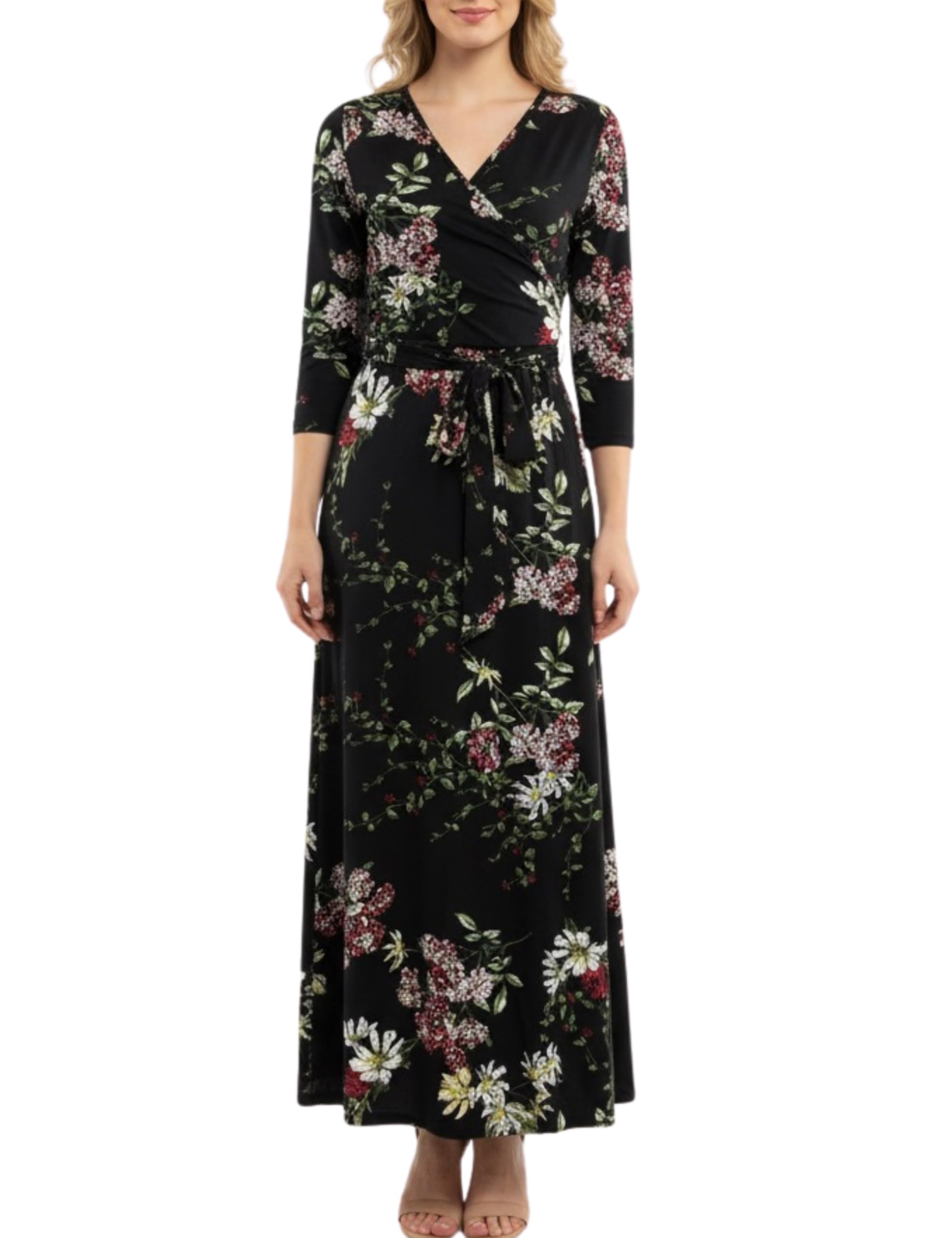 Women's Maxi Dress with Sleeves - Faux Wrap Soft Stretchy Flowy Long Dress for Everyday Casual Outfits