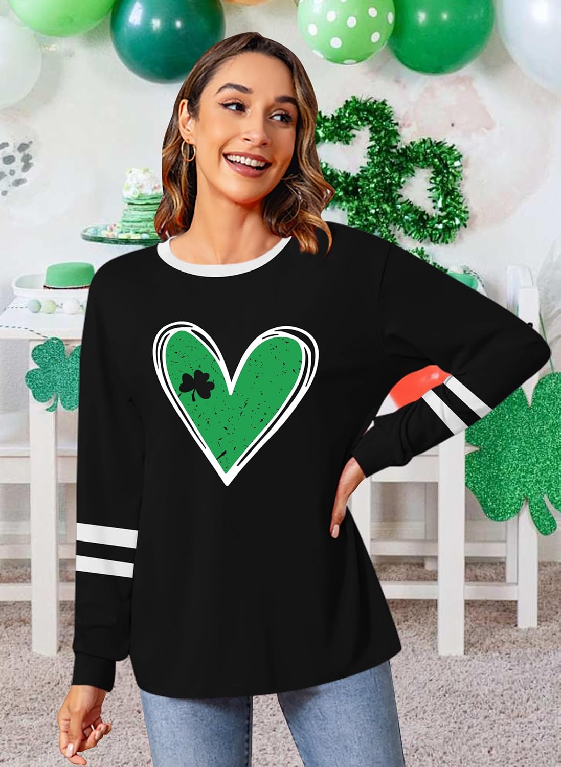 St. Patrick Day Shirt for Women: Lucky Shamrock Sequin Green Long Sleeve Tee Saint Patrick's Day Irish Graphic Tops - Image 2