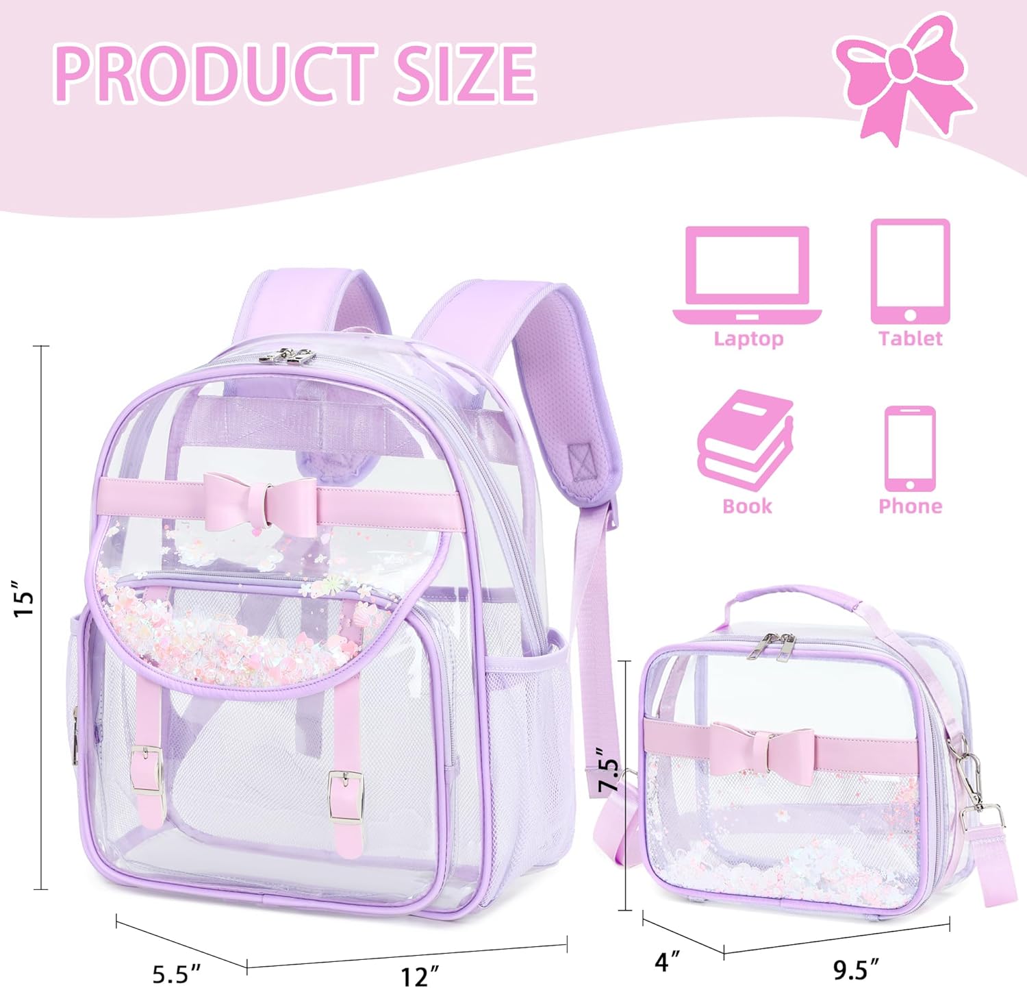 Clear Backpack for Girls and Boys 2PCS Heavy Duty Bookbag Stadium Approved Daypack Transparent School Bag See Through Backpacks for Kids Elementary,Students,College,Teens,Concert,Sports Purple set - Image 4