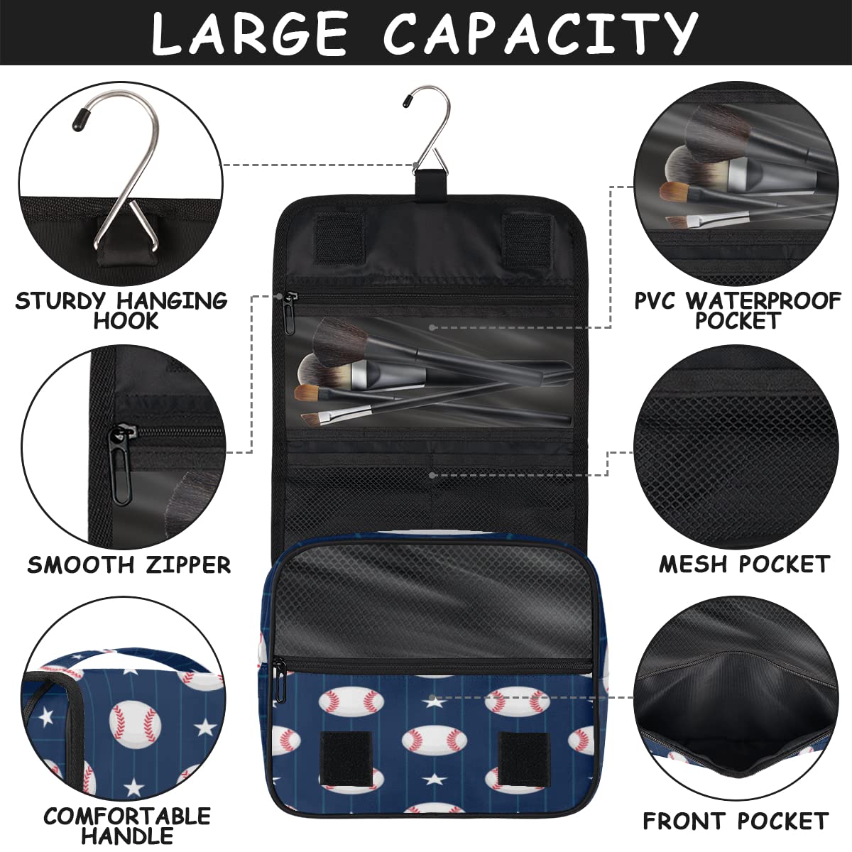 Baseball Design Podróżna kosmetyczka Baseball Wash Bag Unisex Wiszące przybory toaletowe Kosmetyczka Organizer do makijażu, wielobarwny, Jeden rozmiar