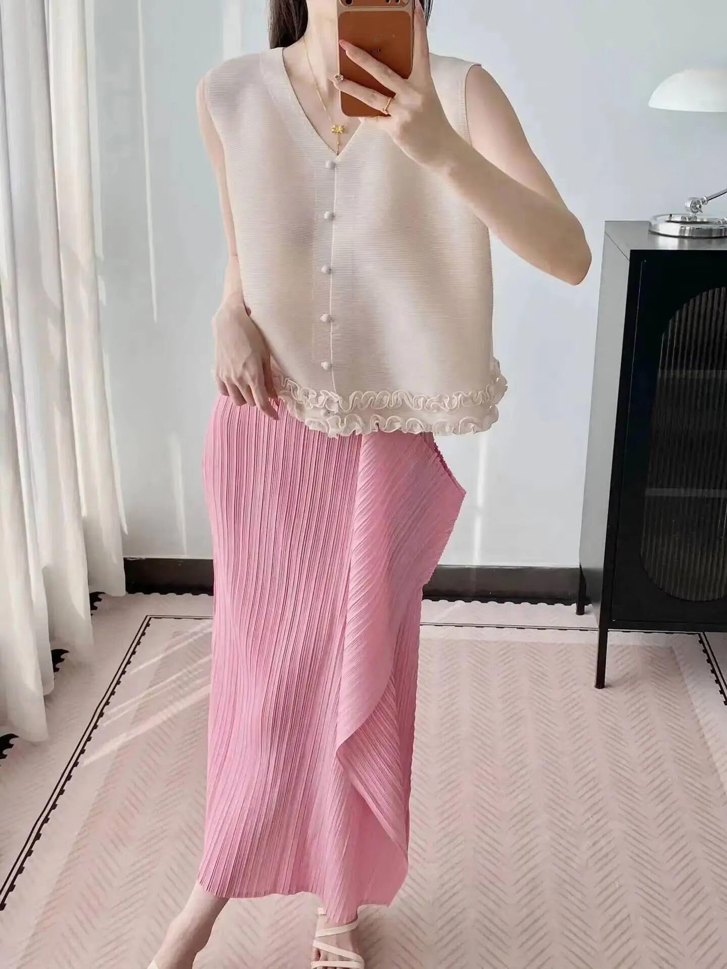 Falda Midi Irregular con Volantes Plisados, Cintura Alta, línea A y fluida para Mujer Black Mediano