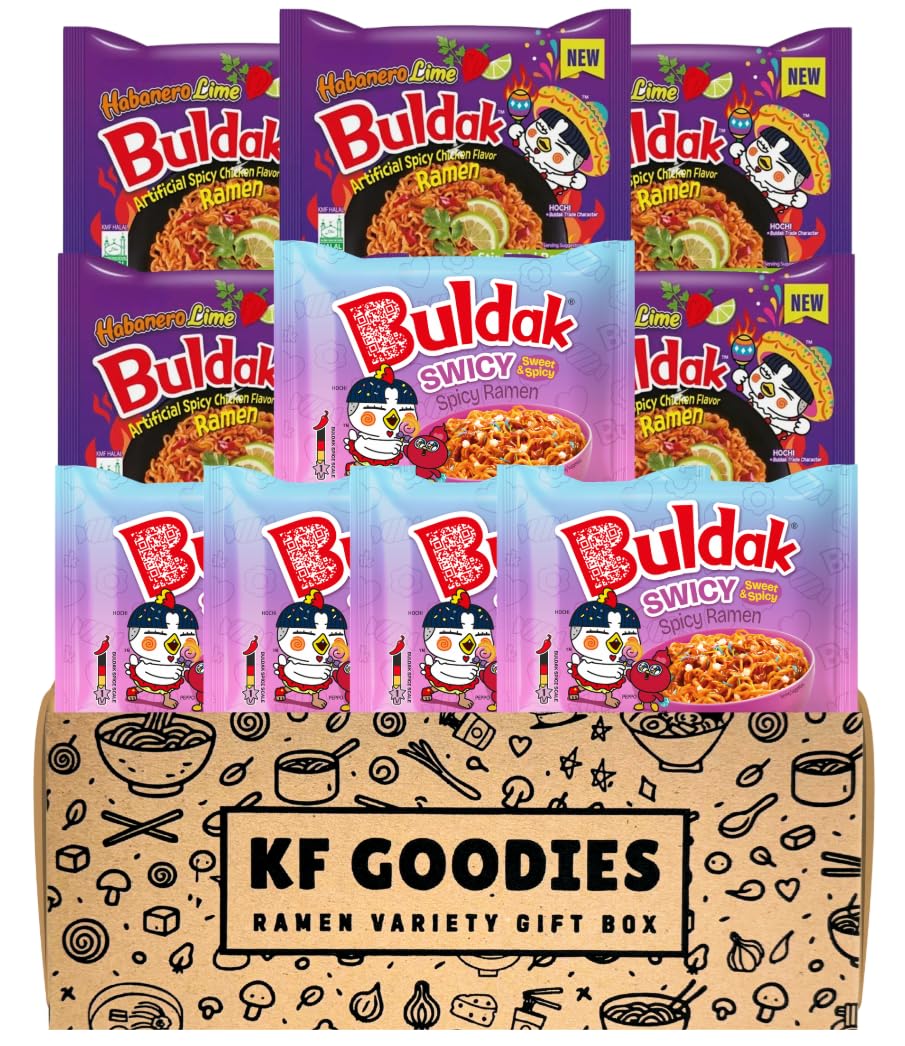 KF GOODIES Korean Ramen Variety Pack Gift Box (10 Count) – Spicy Buldak Noodle Assortment for Birthdays, College Care Packages, Office Snacks, and Gift Baskets