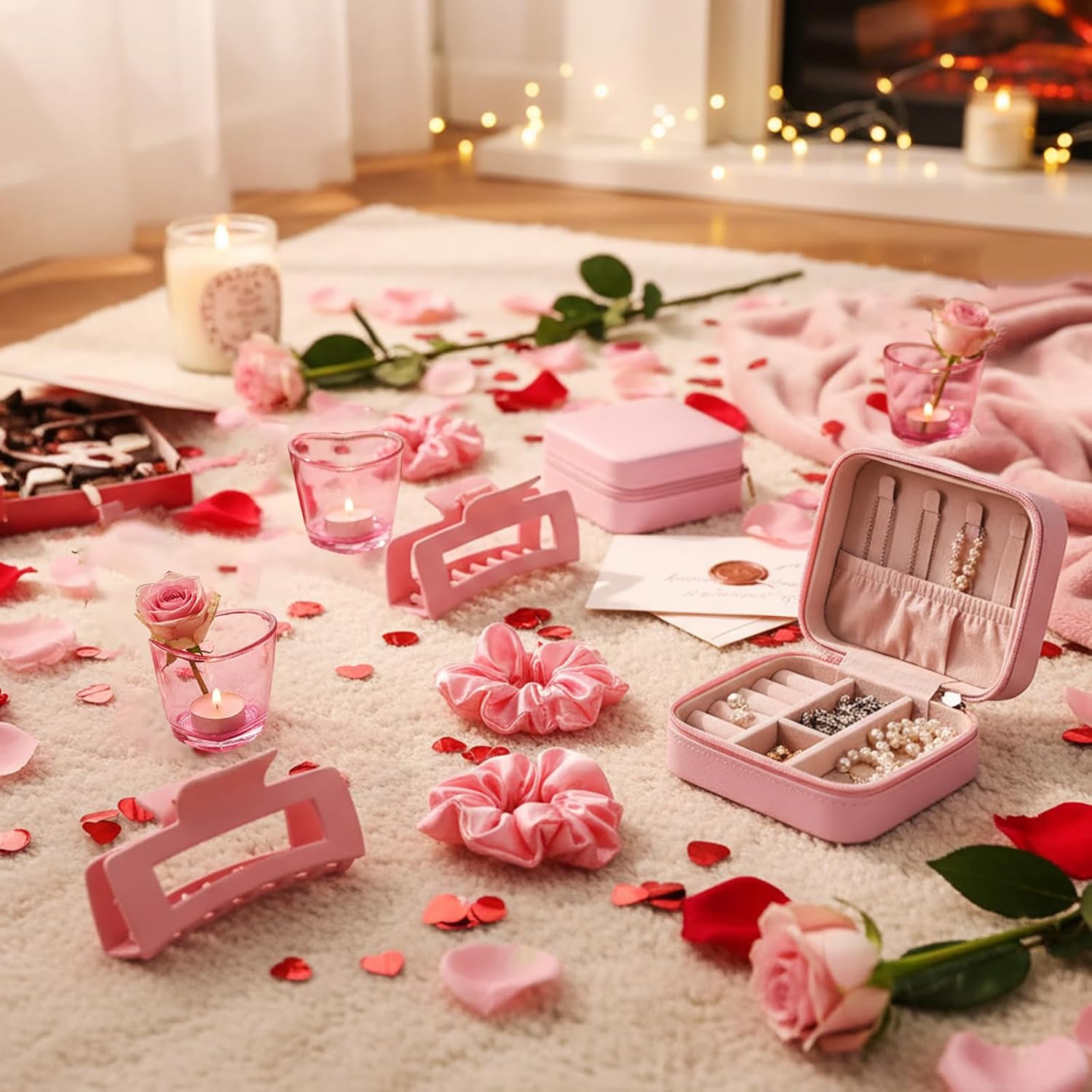 LemonRoad 30 Pcs Spa Party Favor Gift Set Bachelorette Trip Favor Sleepover Party Supplies 6 Jewelry Box, 6 Heart Shot Glasses, 6 Cosmetic Bags, 6 Scrunchies, 6 Hair Clips for Women Bestie Girls Night