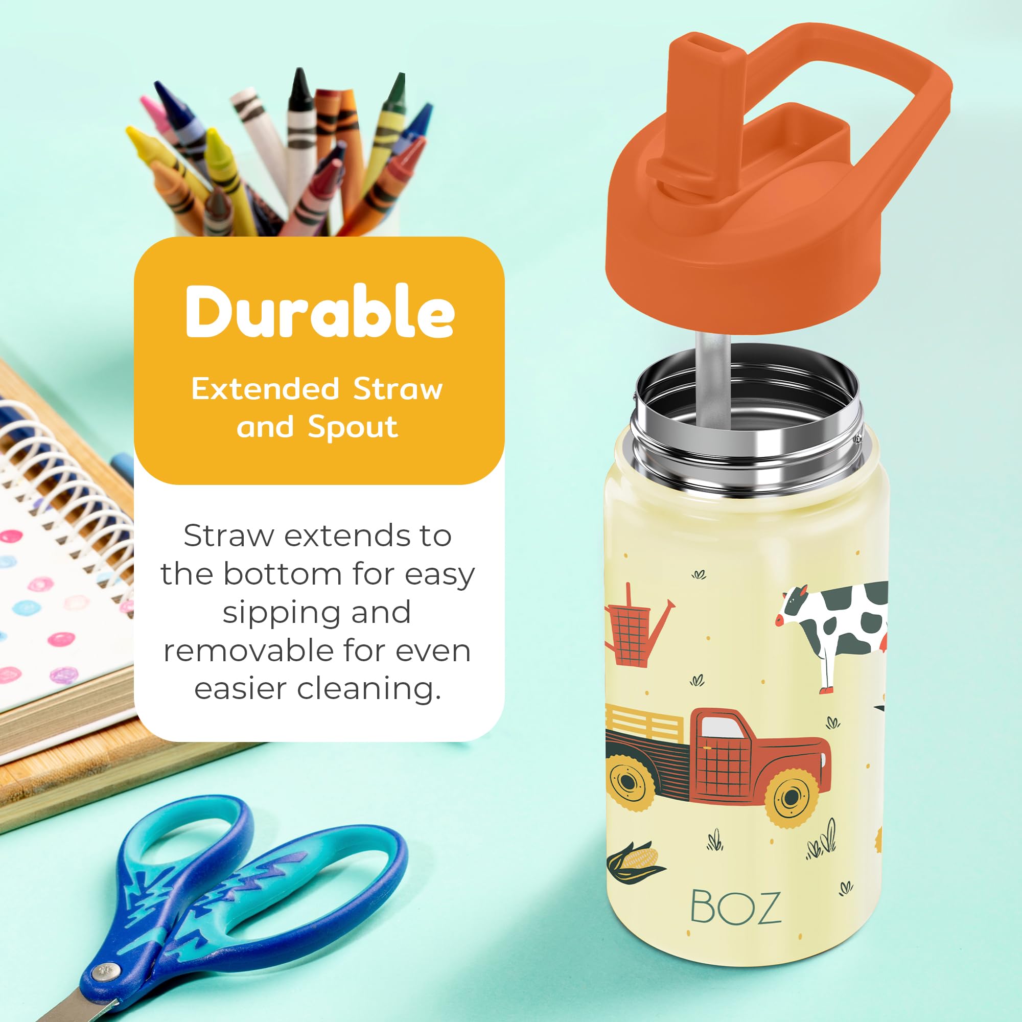 BOZ Kids Insulated Water Bottle with Straw Lid, Stainless Steel Vacuum Double Wall Water Cup - Image 4