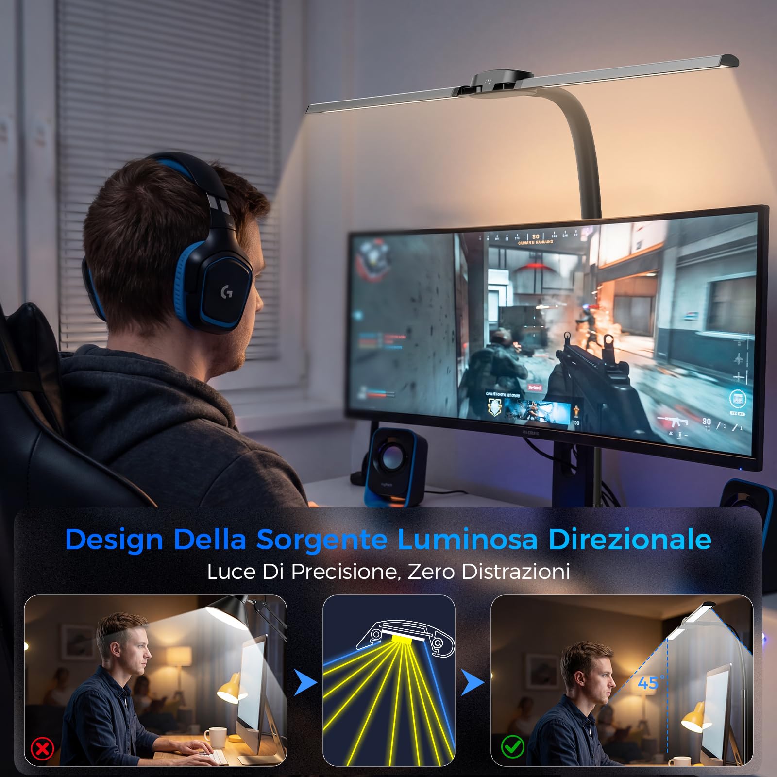 T01 Lampada da Scrivania a LED con Telecomando - 24W 1400LM 80CM Luce Scrivania Filo con Morsetto Lampada da Lettura Collo D'oca Regolabile, Porta di ricarica USB per Ufficio Studiare, Nero