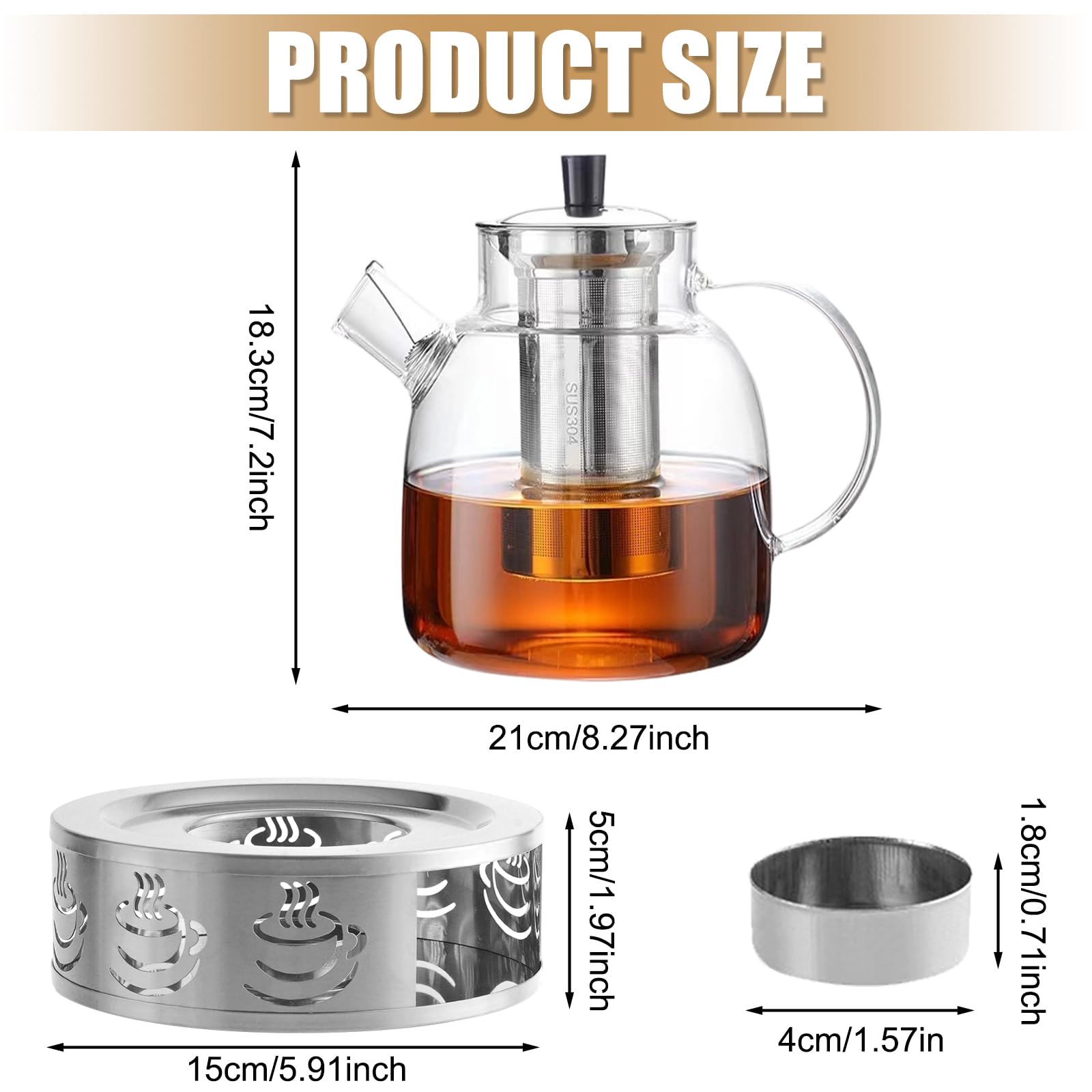 Teiera in vetro con fornello, 1800 ml, con coperchio e elegante fornello da tè, teiera con colino, per tè e bustine di tè sfusi