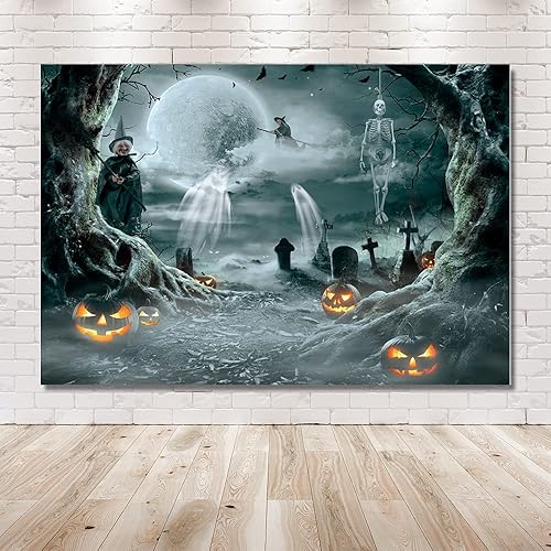Miniatura 6 de MEHOFOND Telón de fondo de calabaza de Halloween de 10 x 7 pies para fotografía, bosque de terror, luna llena, noche de cementerio, fondo de