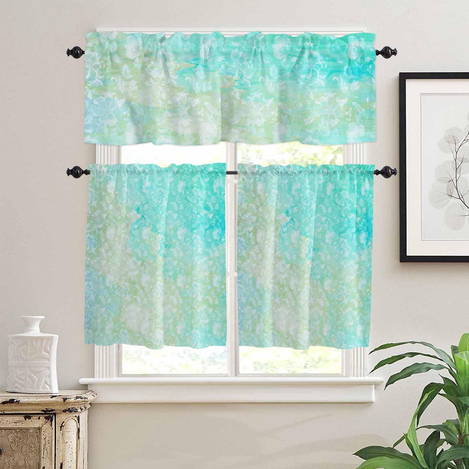 Aqua Green Kitchen Curtains 36 Inch Length,3 Piece Rod Pocket Small Half Tiers and Valance Set,Watercolor Colorful Ombre Abstract Floral Art Small Large Window Treatment Decor for Bedroom/Bathroom