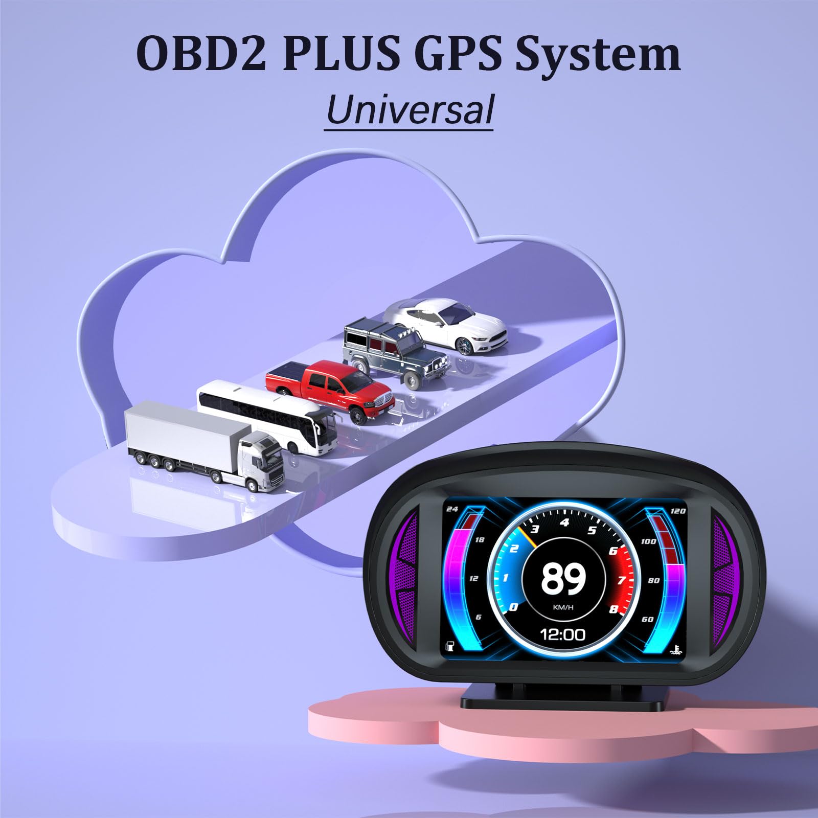 P2 HUD Pantalla de cabeza de coche, velocímetro inteligente GPS con advertencia de voltímetro de alarma de sobrevelocidad, HUD OBD2 Plus GPS sistema dual