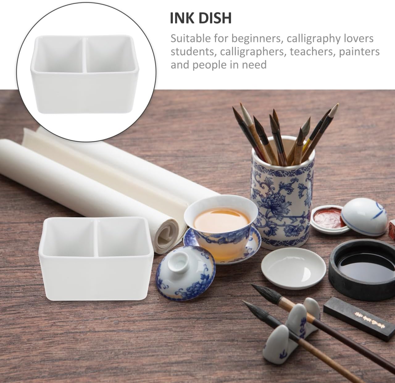 Ceramic Paint Palette, 5.1x2.7in Large Gouache Palette Paintbrush Wash Bowl, Deep Well Porcelain Paint Dish Watercolor Cup Mixing Tray for Artist Calligraphy or Watercolor Gouache Painting
