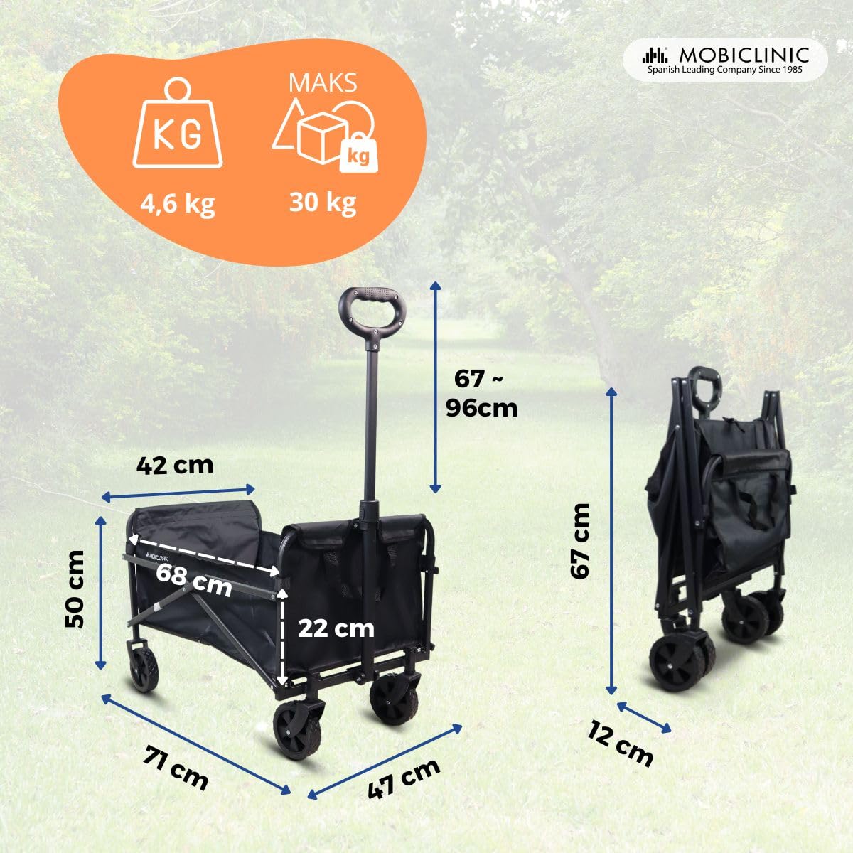 Mobiclinic®, Składany wózek transportowy, Na plażę i do ogrodu, Duna basic, Regulowana rączka, 360º terenowe koł, Nośność 80 kg, 71x47x50cm, Wodoodporny, Stal, Pcv, Czarny