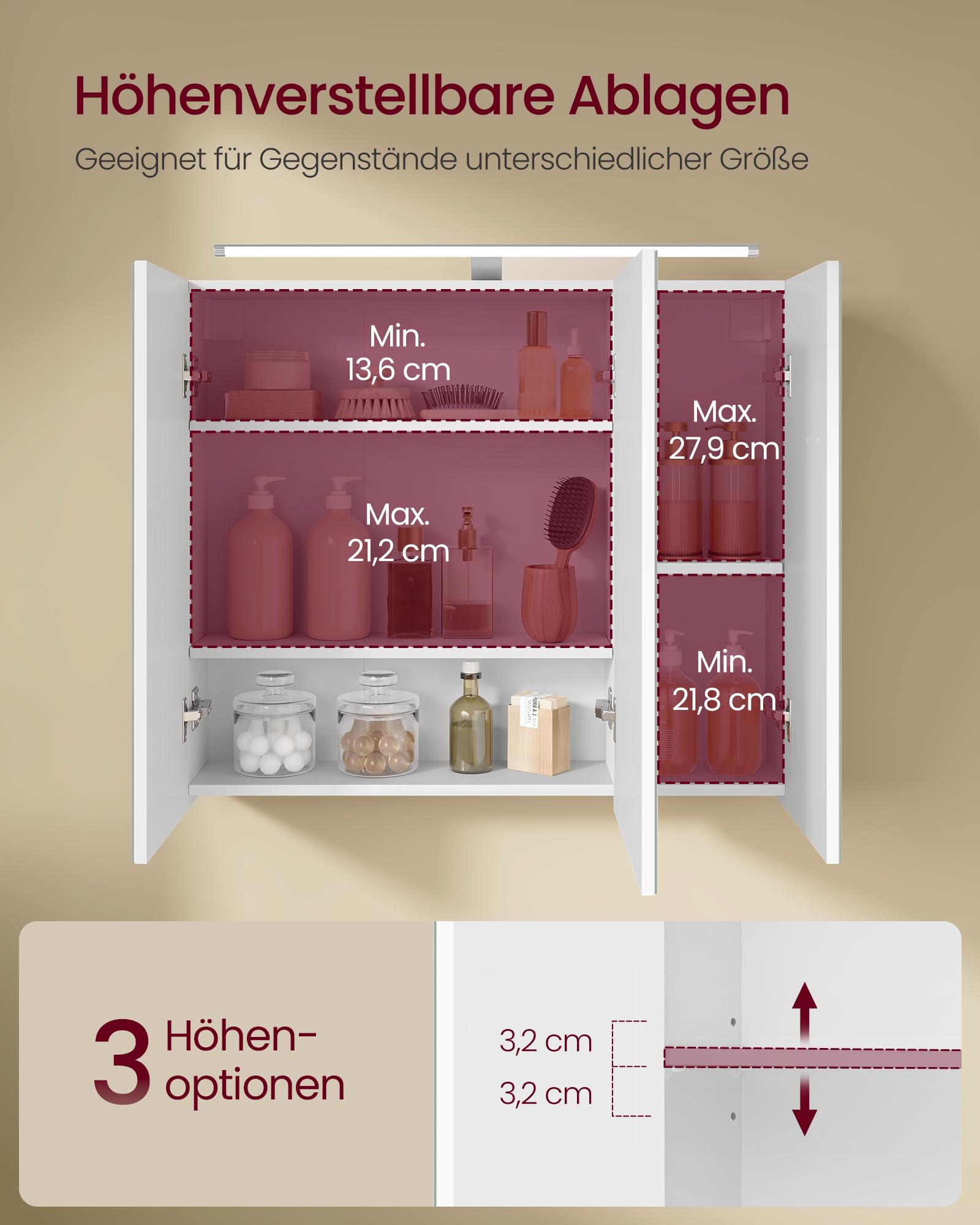 VASAGLE Kailyn Kollektion - Spiegelschrank Bad mit Beleuchtung, Badezimmerschrank mit 3 Türen, Wandschrank mit verstellbaren Ablagen, moderner Stil, 15 x 70 x 60 cm, wolkenweiß BBK139WB01