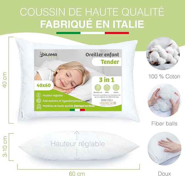Dilamababy - Coussin Enfant Évolutif - Hauteur Réglable - Oreiller Enfant 40x60 Moelleux Adapté dès 1 an, 2, 3 Ans jusqu'à 6 - Hypoallergénique, Anti Acarien, Oeko-TEX - Made in Italy - 2