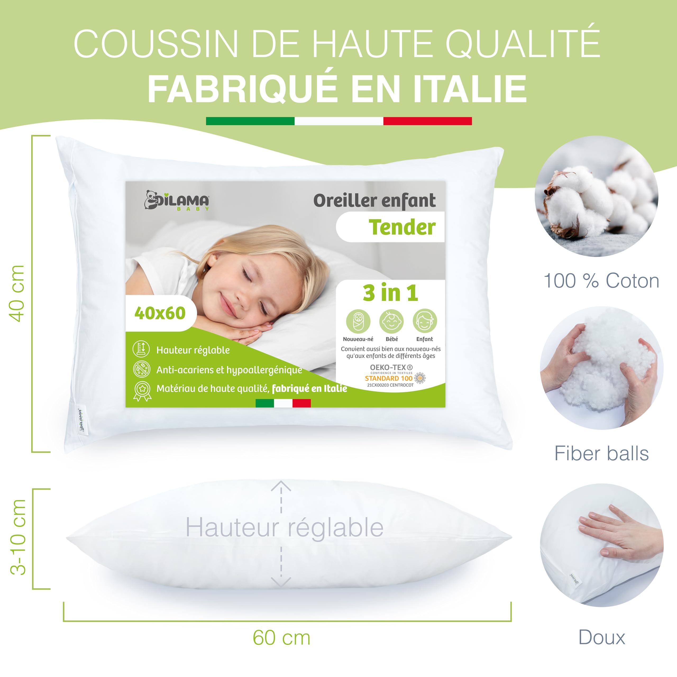 Dilamababy - Coussin Enfant Évolutif - Hauteur Réglable - Oreiller Enfant 40x60 Moelleux Adapté dès 1 an, 2, 3 Ans jusqu'à 6 - Hypoallergénique, Anti Acarien, Oeko-TEX - Made in Italy