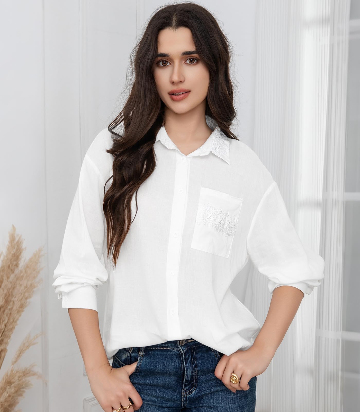 Camicetta da Donna Maniche Lunghe Camicia con Bottoni Blusa Ampia Leggera Manica Raglan Colletto della Camicia Ricamo Floreale Elegante con Taschino Tinta Unita Top Casual