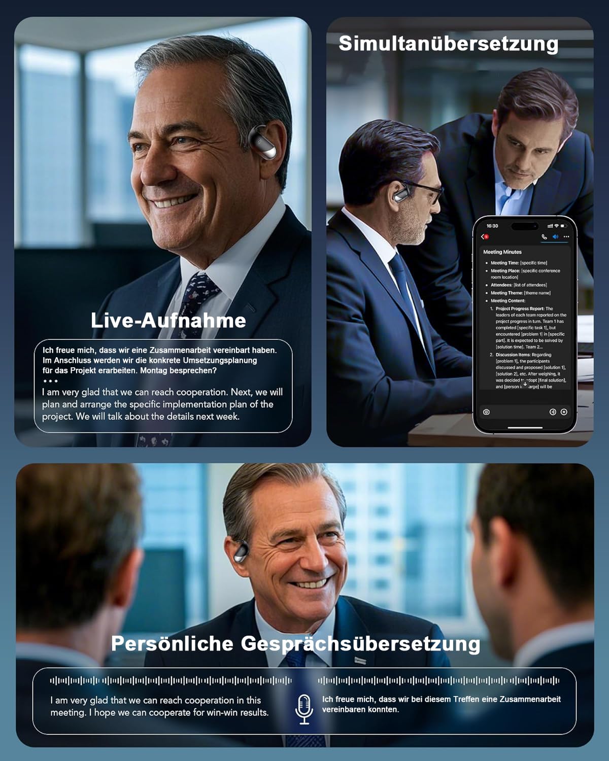 KI Übersetzer Kopfhörer 188 Sprachen, 4-in-1 Bluetooth 6.1 Übersetzungskopfhörer in Echtzeit, OWS Open Ear Sprachübersetzer Kopfhörer mit LCD-Touchscreen für Geschäft, Reisen und Studium, Schwarz