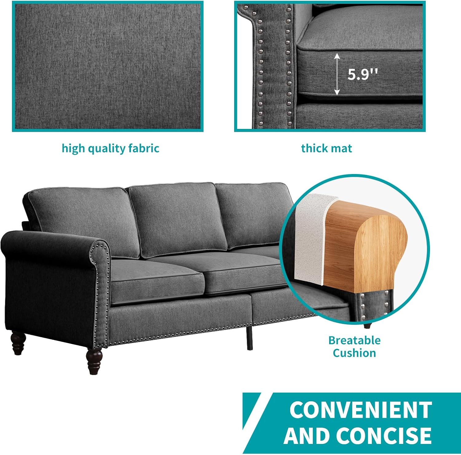 BALUS 2 Piece Sectional Couches for Living Room, Sofa and Loveseat Set with Nailhead Trim Design & Wood Frame, Linen Fabric Sofa Set with Gourd Wood Leg, Modern Couches for Living Room/Home-Dark Grey