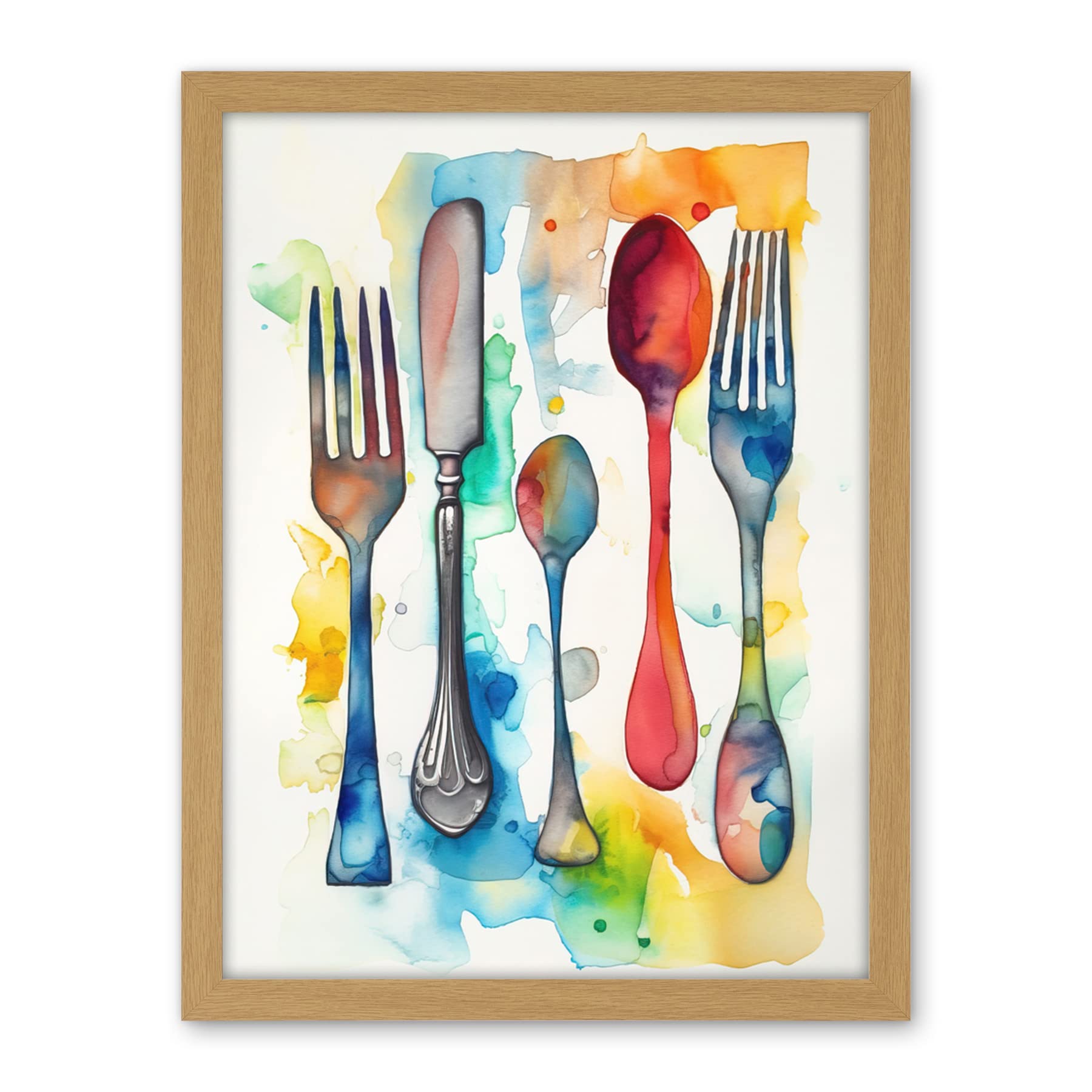 Artery8 Cutlery Forks Spoons And Knife Watercolour Painting Artwork Framed Wall Art Print 18X24 Inch