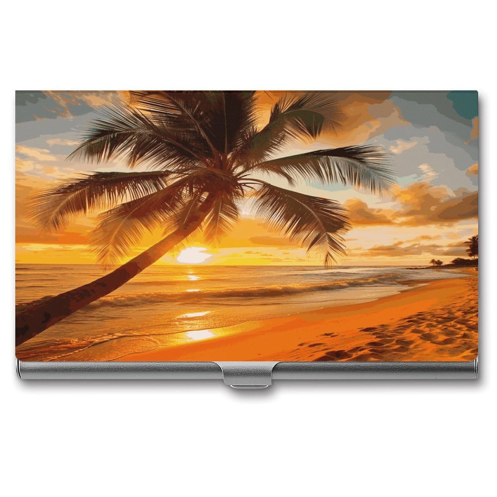 LDGSUPH Tropical Beach Palm Tree Sunset Business Card Holder Fashion Slim Name Card Holder Minimalist Design Case Metal Card Carrier Personalized Business Card Case with Flip for Men Women