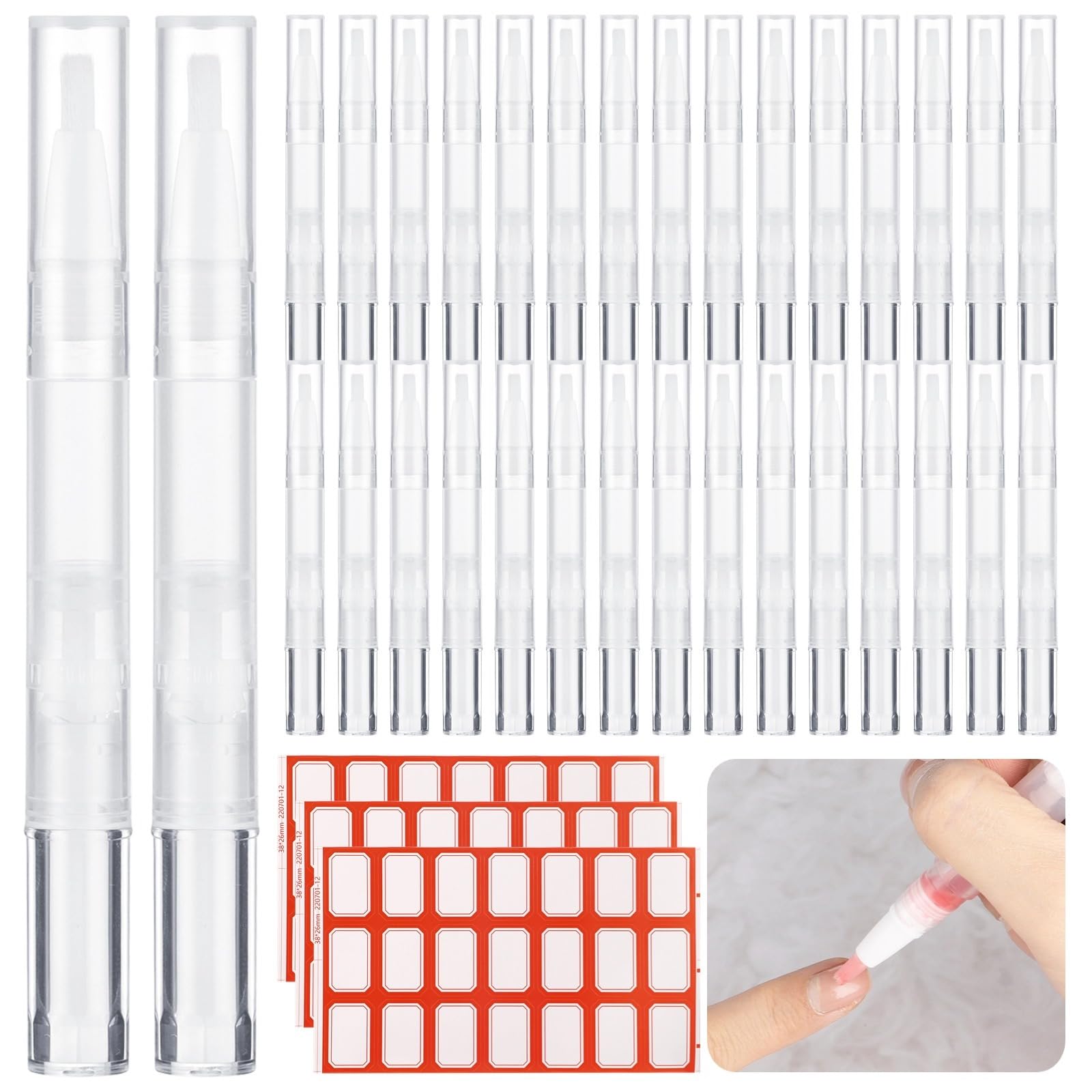 LUMINFLY Empty Lip Gloss Nail Oil Eyelash Cuticle Cosmetic Oil Pens 3 Ml Twist 50 Pens Gloss Transparent Comestic Makeup Brush Tip Pens Containers, With 63 Lip Pieces Stickers Oil