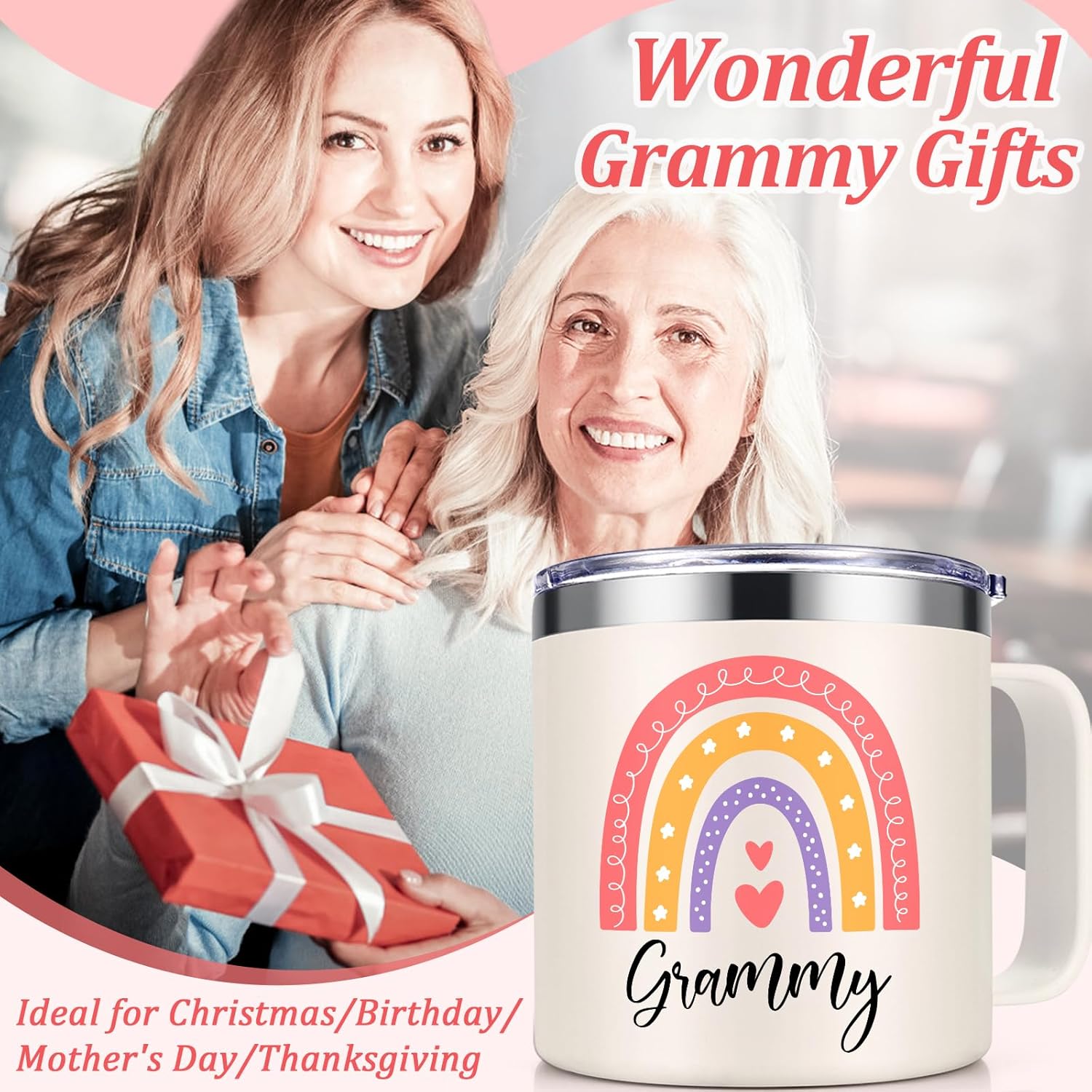 Lifecapido Grammy Gifts, 14oz Stainless Steel Insulated Coffee Mug with Spoon and Card, Grammy Gift Idea, Birthday Christmas Gifts for Women, Creamy - Image 2