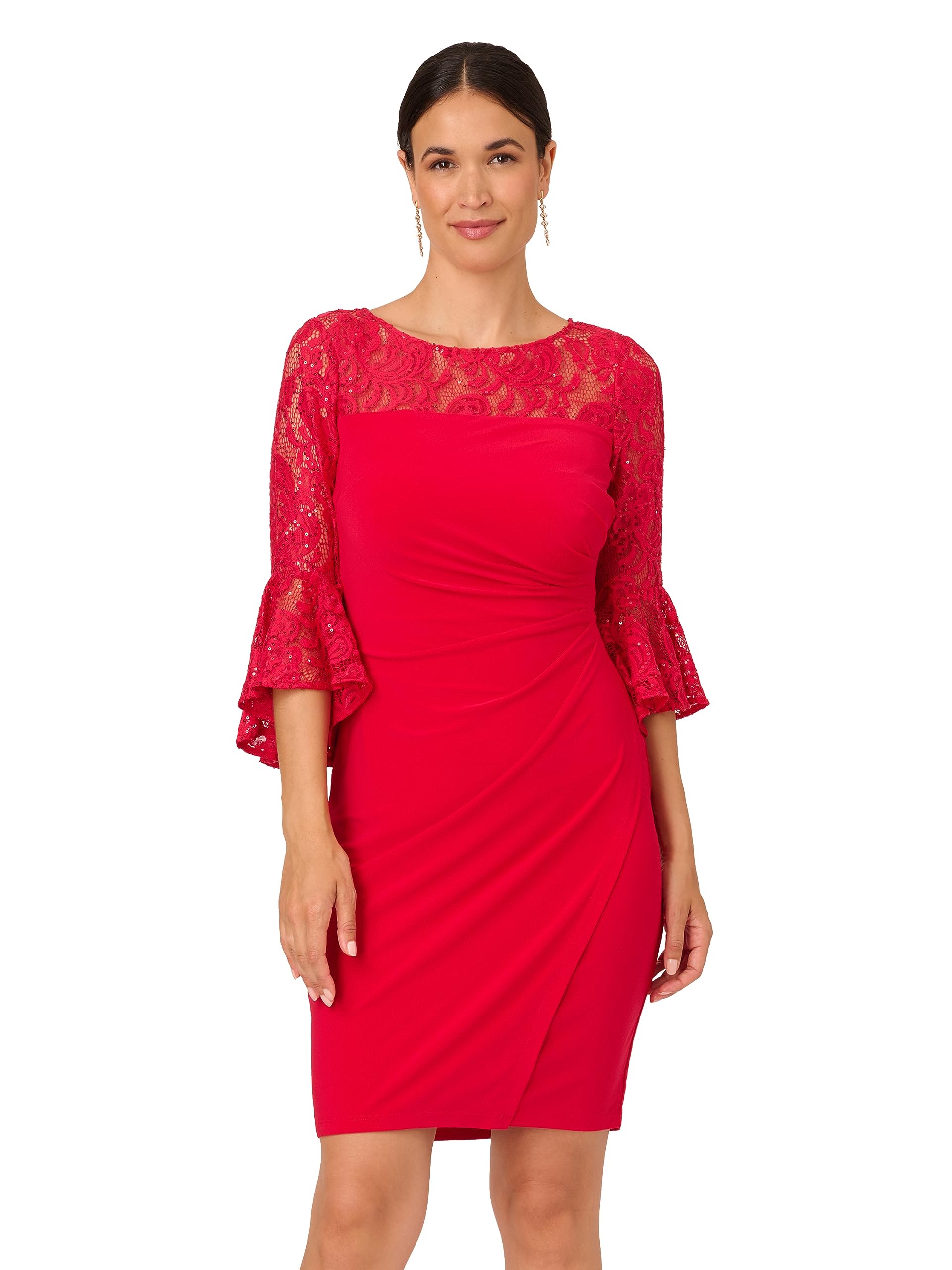 Adrianna Papell Womens Bell Sleeve Jersey Drape Dress