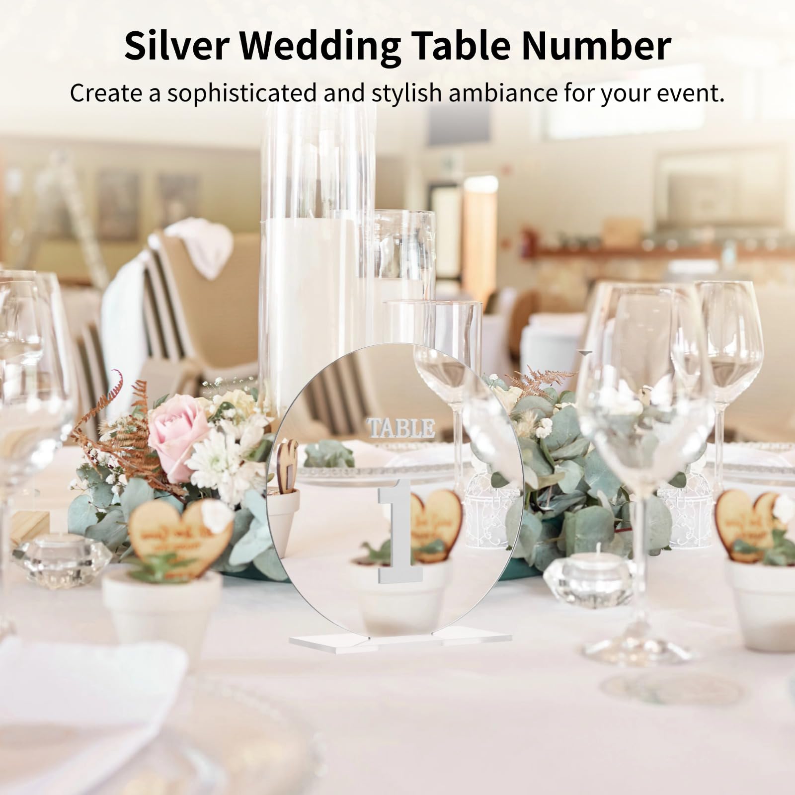 PONDON Tischnummern für Hochzeiten, 1 bis 25 Stück, Acryl-Tischnummernschilder mit Ständer, 12,2 cm, rund, spiegelnd, silberfarben, Tischschilder mit Haltern, Tafelaufsatz, Dekorationen für Hochzeiten