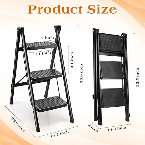 Miniatura 2 de Paquete de 2 escaleras plegables de 3 escalones, taburete pequeño con pedales antideslizantes anchos para adultos y niños, escalera plegable