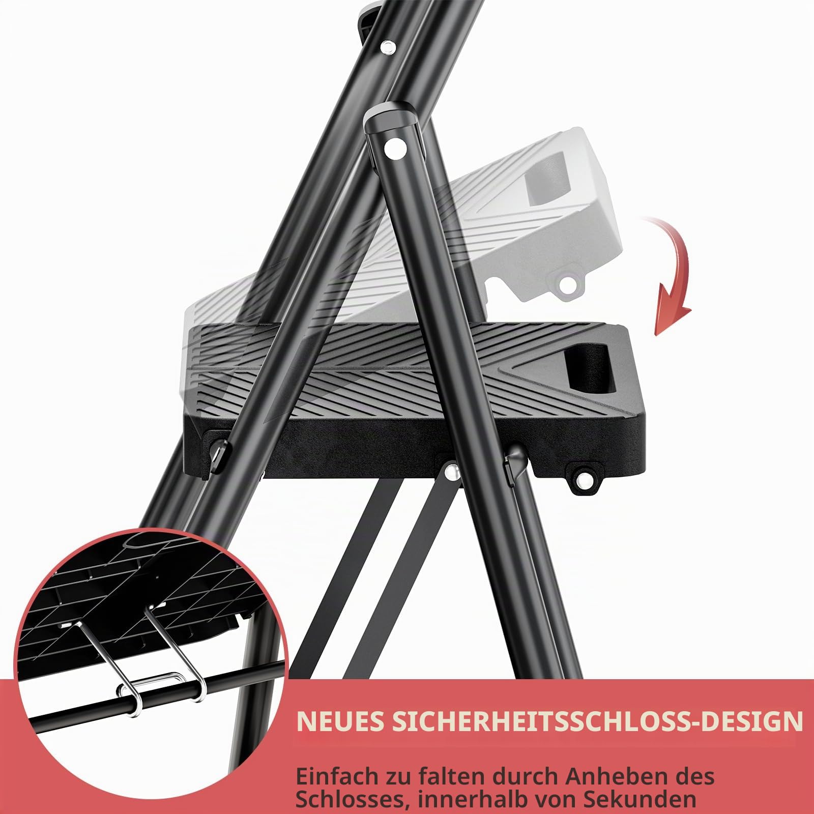 KINGRACK Trittleiter 2 Stufen Klappbar mit Sicherheitsschloss, Anti-Rutsch-Stabilem Klappleiter Tritthocker 150kg Belastbar, Leiter mit Handläufen für Zuhause, Büro, Garten, Küche, Schwarz
