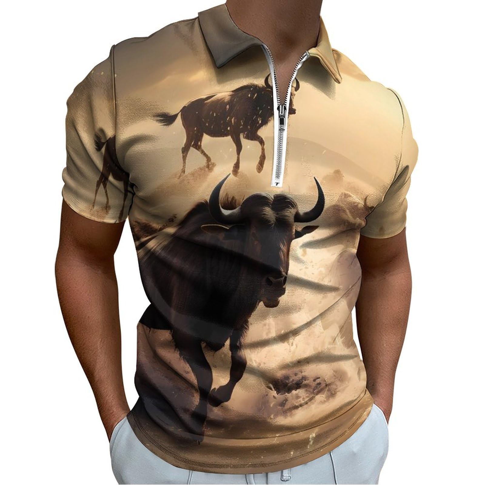 Nlwqekv Men's As Pic African Wildlife Wildebeest Polo Shirts For Half Zip-Up Short Sleeve Golf T-Shirts Slim Fit Tops Tees