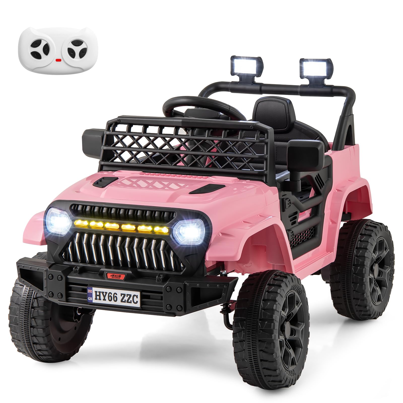 COSTWAY Kids Electric Ride on Car, 12V Battery Powered Off Road Truck with Remote Control, Shock Suspension, Bluetooth, LED Lights, Music, for 3+ Years Boys and Girls (Pink)