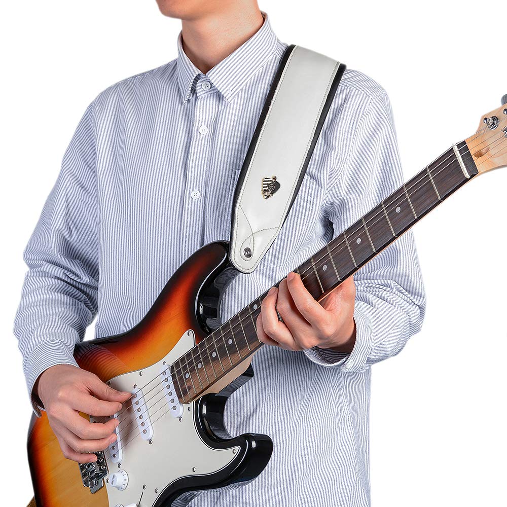 BstSounds Gitarrengurt aus Leder für E- und Akustikgitarren, Weiß