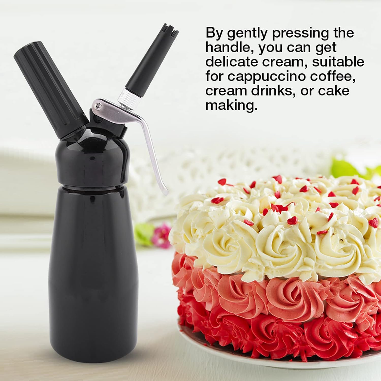 Cream Dispenser, 250mL Portable Whipped Dessert Cream Butter Dispenser with Sturdy Aluminum Body Profesional Whipper Foam Maker(White)(Black)