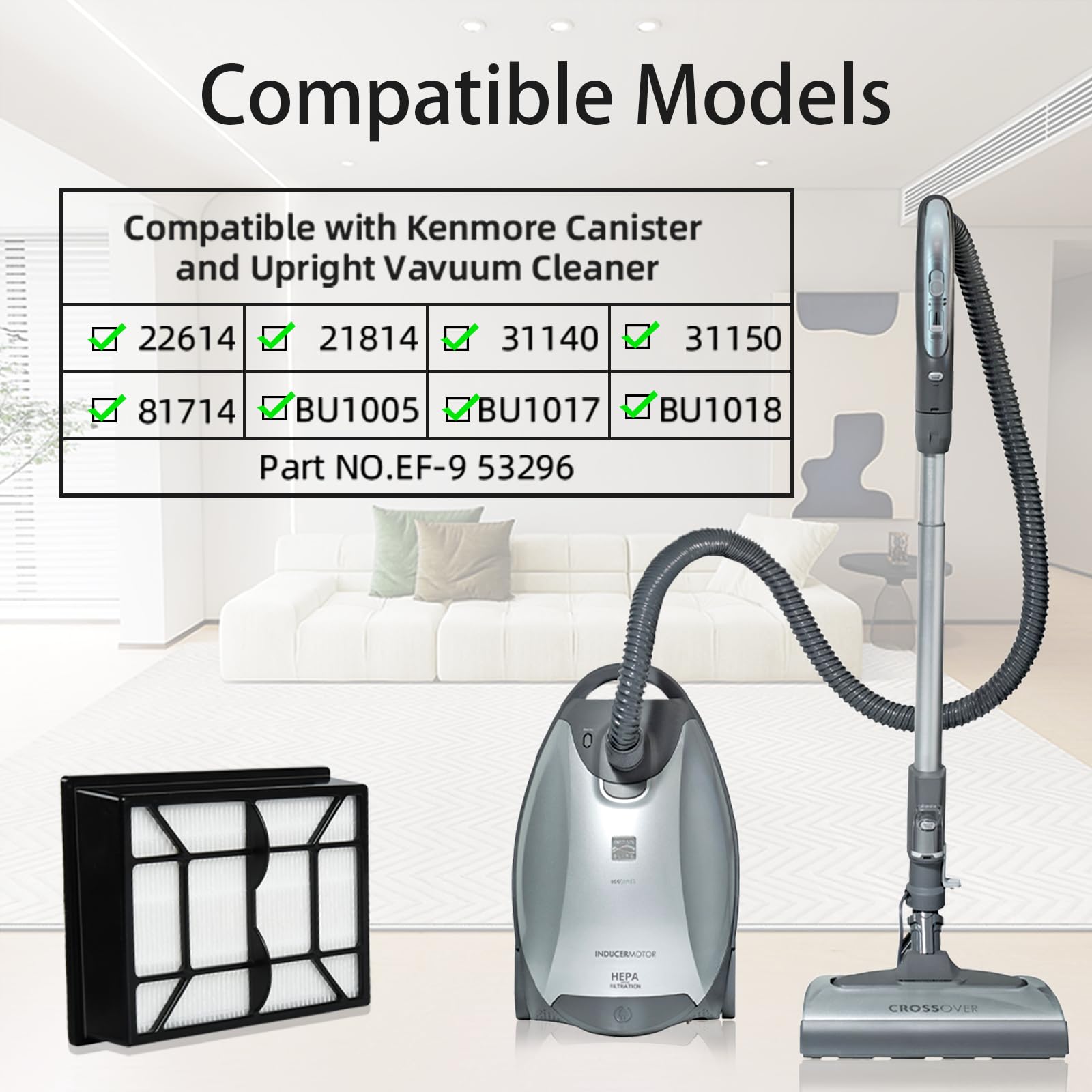 2 Pack EF-9 53296 HEPA Filter for Kenmore 22614, 31140, BU1005, BU1017 and Kenmore Elite 21814, 31150, 81714, BU1018 Upright and Canister Vacuum Cleaner, EF9 HEPA Vaccum Filter + 1 Clean Brush