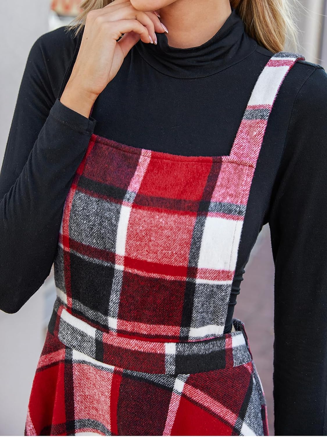 CUPSHE Women's Overall Dress Square Neck Plaid Sleeveless Casual Short A Line Cute Fall Mini Pinafore Dresses - Image 6