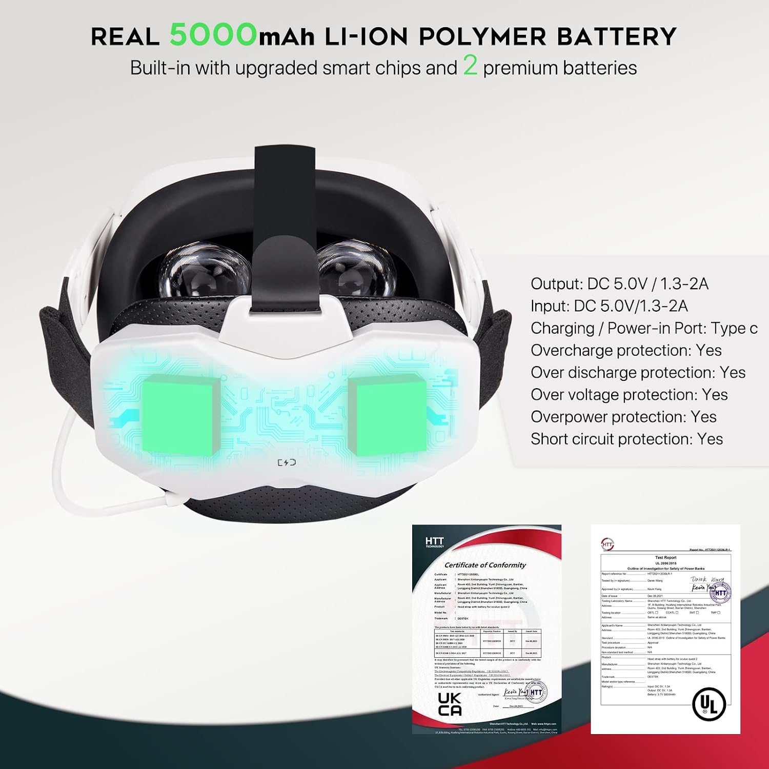 DESTEK Head Strap with Battery Pack Compatible with Quest 2, 5000mAh Extend 2hrs Playtime, LEDs Indicator, Adjustable Elite Strap for Enhanced Comfort