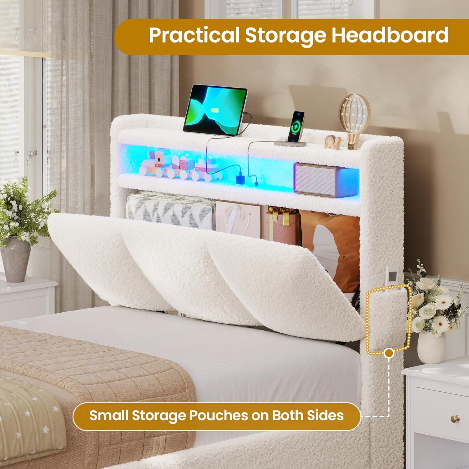 Practical storage headboard with two tiers of shelves, a hidden compartment, and side pouches, shown with various items.