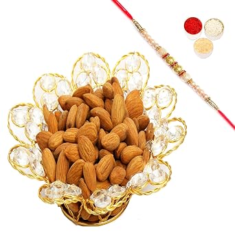 Ghasitaram Gifts Rakhi Gifts for Brothers Rakhi Dryfruits Hamper - Gold Crystal Almond Bowl with Pearl Rakhi