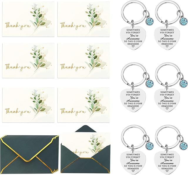 Thank You Card with Keyring Leaving Gifts for Colleagues/Teachers Golden Border Green Envelope with Postcard Stainless Steel Inspirational Keychain for Party Birthday Christmas Gifts Thanksgiving Day