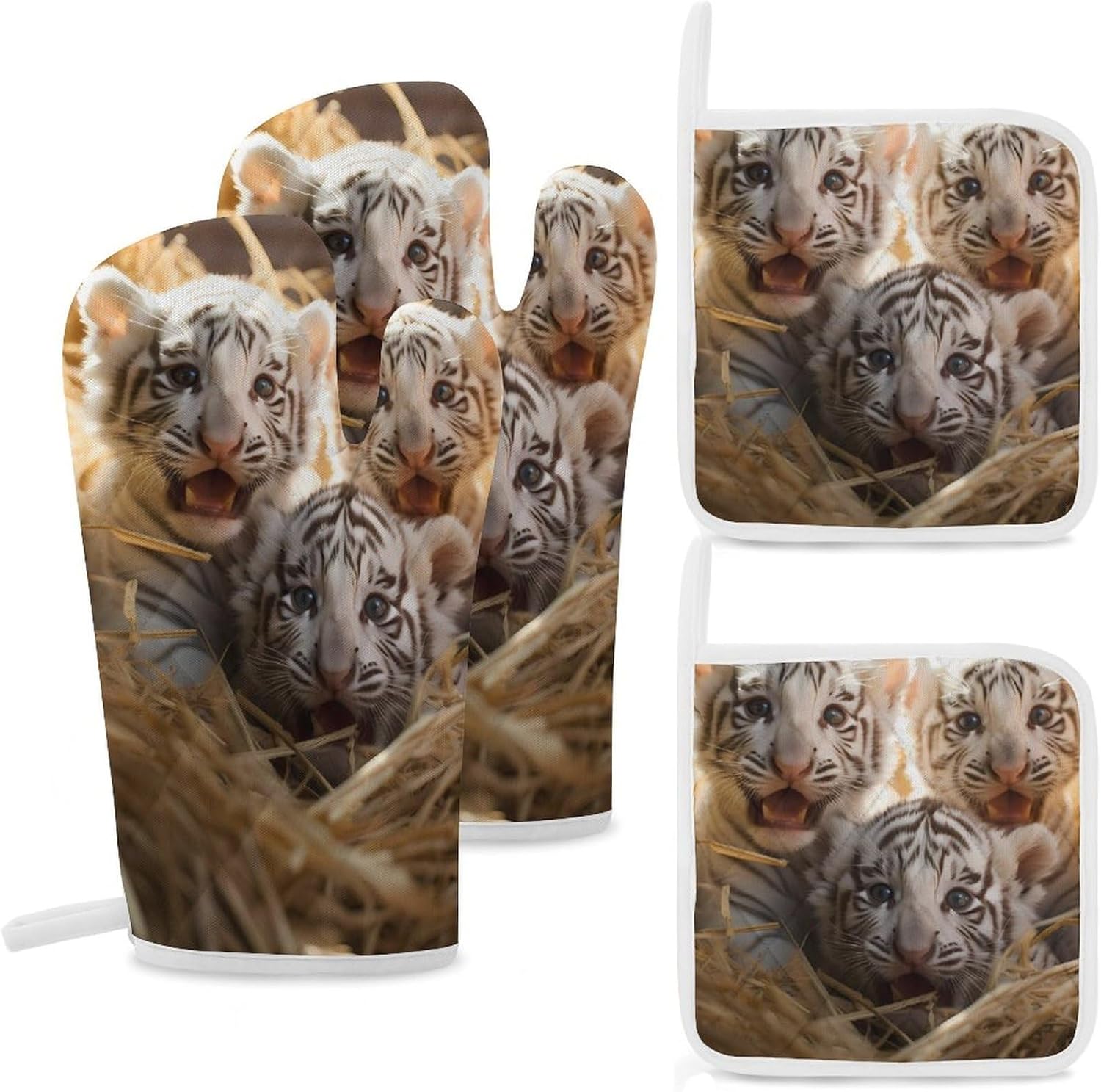 Wild White Tiger 4 Pcs Oven Mitts and Pot Holders Set High Heat Resistant Long Kitchen Oven Glove Potholders