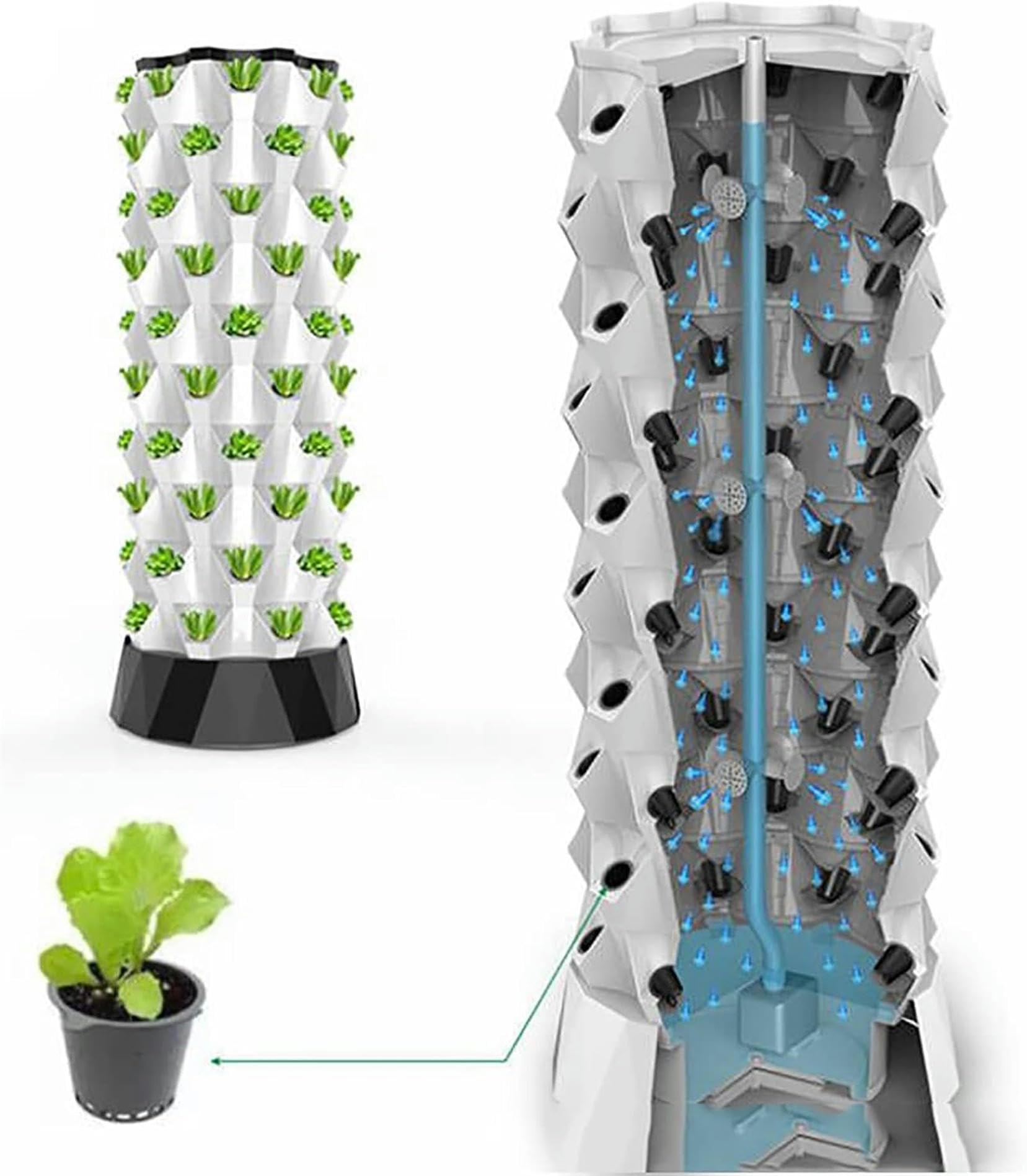 Hydroponik-Turm, Aquaponik-Anbausystem, Gartenturm-Aeroponik-Anbauset für Kräuter, Obst und Gemüse mit Befeuchtungspumpe, Timer, Adapter, Saatbett-Netztopf