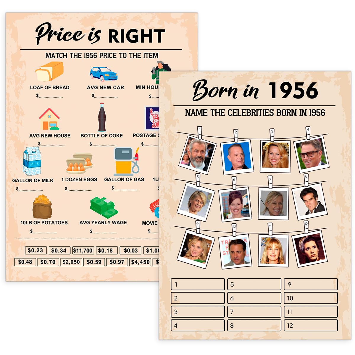 QUPT 70th Birthday Party Games, Set of 2 Activities for 15 Guests, Born in 1956 Games Bundle, Birthday Party Supplies for Adults, Pack of 30 Cards