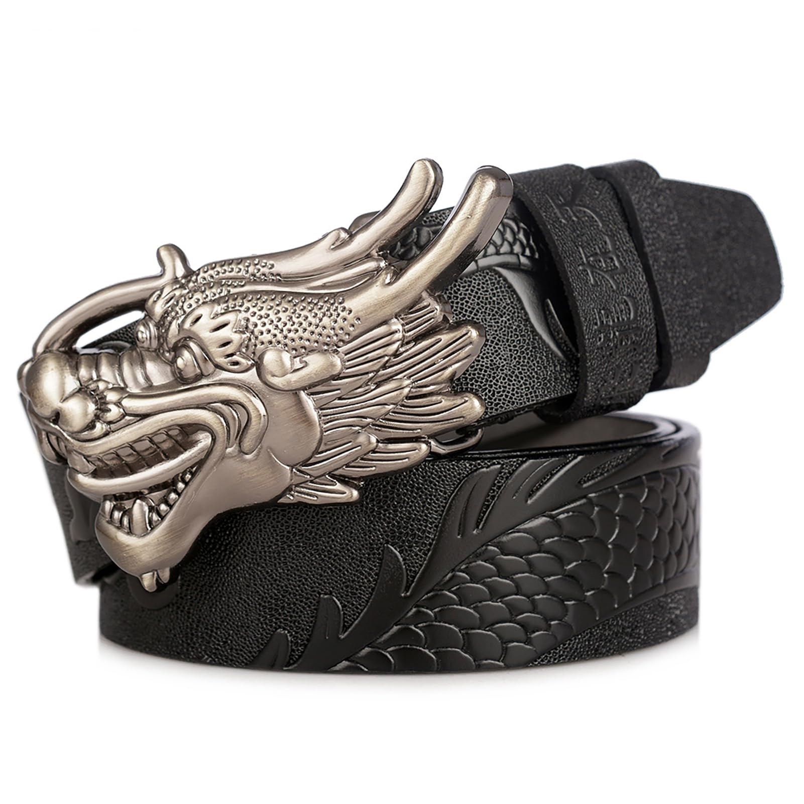 Cintura Da Cowboy Western Unisex, Country In Vera Pelle 3,5 Cm Con Fibbia Vintage A Forma Di Testa Drago For Jeans